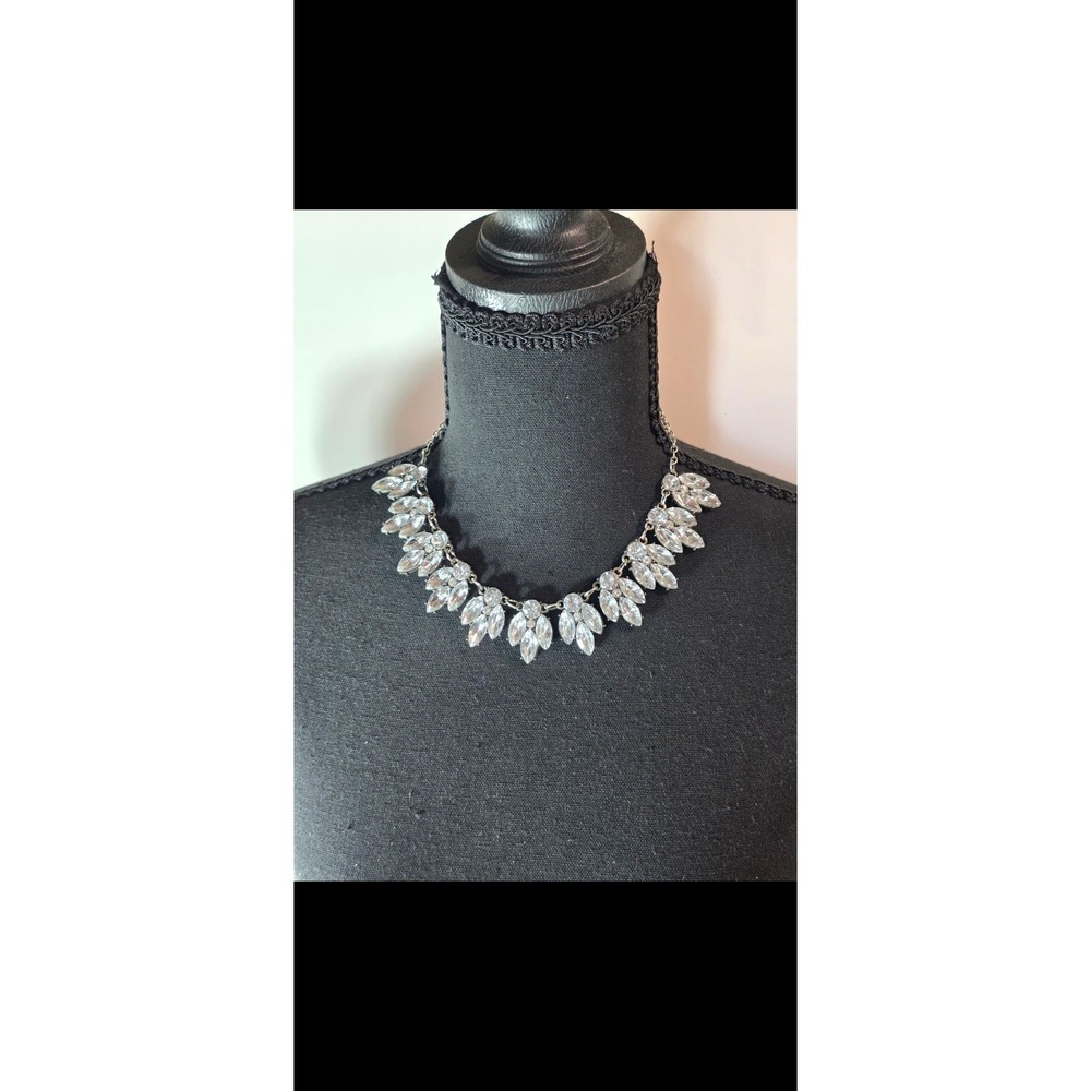 Vintage 60s Silver Marquise Crystal Bib Statement Necklace Rhinestone Cluster